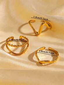 極簡小眾波浪鏤空金色戒指組，不鏽鋼不褪色可疊戴素面細戒指 - 金色 - 查看 4