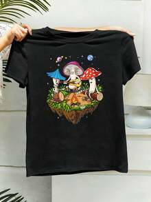 Women's Bonfire And Mushroom Graphic T-Shirt, Ideal For Autumn, Made Of Quality Fabric, Comfortable Fit, Hip-Hop Street Style And Breathable. - Black - View 2