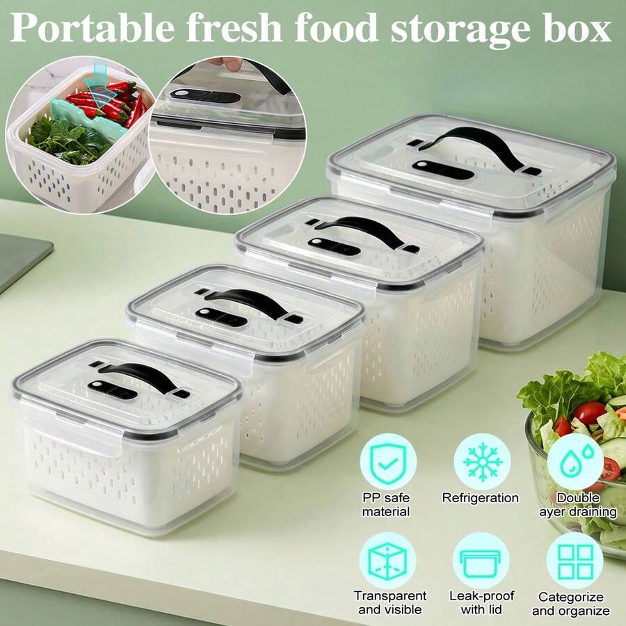 4pcs Fruit Containers For Fridge With Removable Colanders And Lids, Airtight Storage Container To Keep Fruits, Vegetables, Berry, Meat Fresh Longer - Portable - View 1