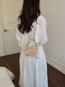 Mini Woven Embossed Drawstring Box Acrylic Fashion Drawstring Cinched Pearl Handbag - Khaki - View 8