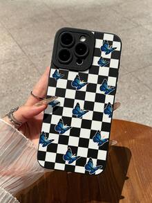 格子手機殼 1件裝 黑白棋盤格藍色蝴蝶手機殼 360°全方位保護 TPU 磨砂霧面手機殼，相容 iPhone 17 Pro Max、 13、 15、 16 Pro Max、 16 及 Galaxy 手機，可愛手機保護殼，Y2K 配件，手機配件，快速出貨，可作為禮物或個人使用 - 彩色 - 查看 2