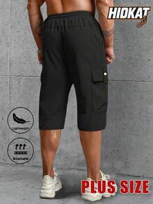 Plus Size Men's Summer Versatile Cargo Capri Pants, Drawstring Waist, Large Pockets, Letter Patch, Casual Sports Trousers Suitable For Daily Wear Black - Black - View 3