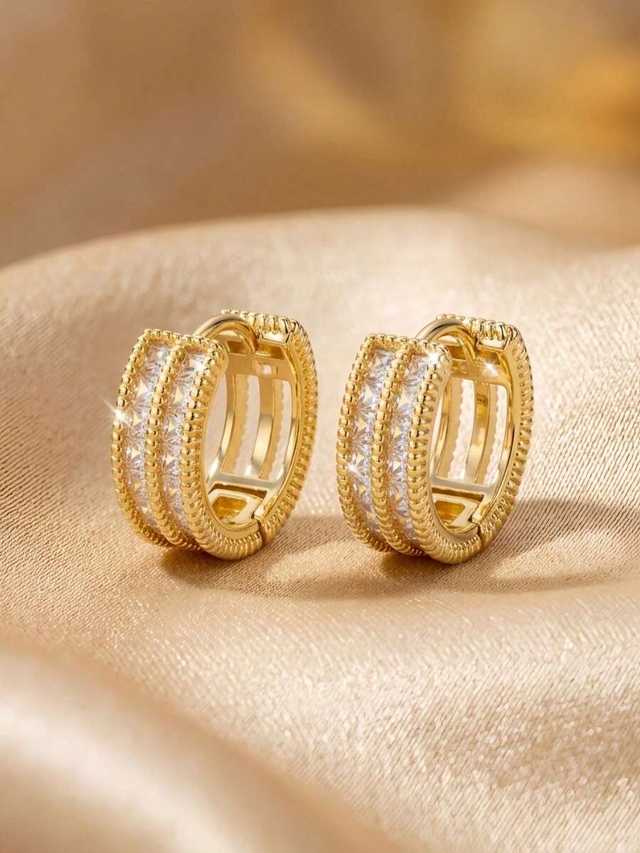 Women's Gold Cross Earrings, Elegant And Luxurious With Cubic Zirconia, Ideal For Daily Use, Parties, Weddings, Anniversary Gifts, Modern And Versatile. - 雙排立方氧化鋯耳環 - 查看 1