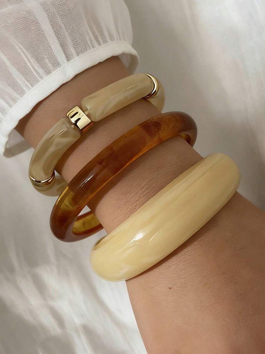 3pcs Fashionable Minimalist Elegant Delicate Retro Geometric Colorful Resin Shiny Splicing Tie Dye Floral Pattern Exaggerated Wide Bangle Bracelet Set, Suitable For Holiday, Party, Date, Gift, Daily Wear, Beach Vacation - Multicolor - View 1