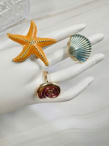 imoli 3pcs/Set Bohemian Beach Vacation Stackable Ocean Theme Enamel Orange Starfish + Pink Spiral Conch + Turquoise Scallop Shell Personalized Ring Set, Knuckle Rings, Suitable For Summer Seaside Party Daily Wear Jewelry Gift - 32817-ring-yb - View 10