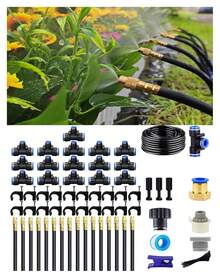 Drip Irrigation System - 360° Adjustable Micro Sprinkler Kit, Easy Tool-Free Installation, Fine Mist Spray For Potted Garden Plants, Greenhouse - 15公尺+16個噴霧噴嘴 - 查看 1