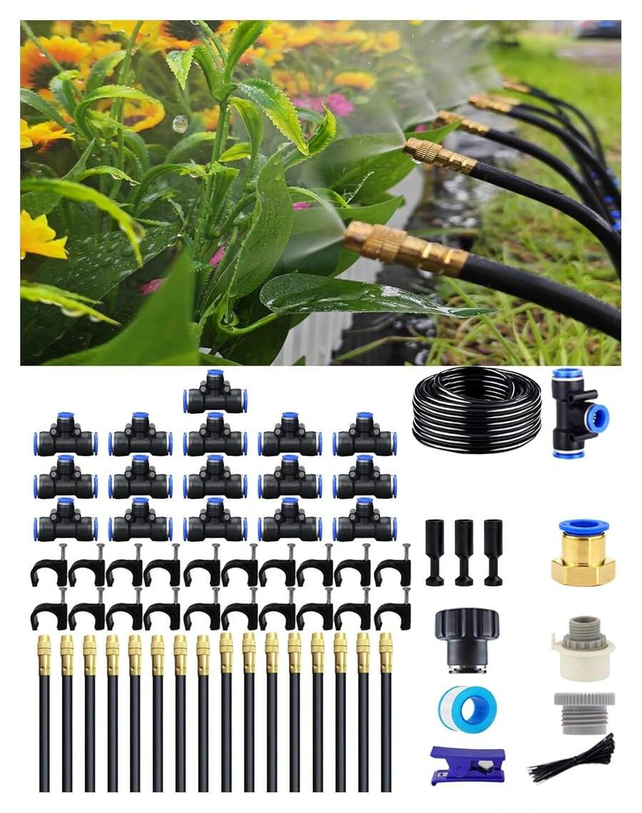 Drip Irrigation System - 360° Adjustable Micro Sprinkler Kit, Easy Tool-Free Installation, Fine Mist Spray For Potted Garden Plants, Greenhouse - 15公尺+16個噴霧噴嘴 - 查看 1