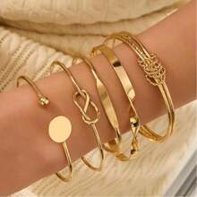 5 piezas/Set Brazalete de Estilo Bohemio Ajustable y Abierto, Puede Usarse Como Regalo de Joyería - Dorado - Ver 5