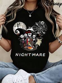 Disney Nightmare Before Christmas Print Women Plus Size Round Neck T Shirt Character Design Halloween Party Wear - Black - View 2