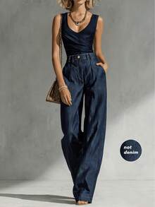 New Spring/Summer High Waist Pleated Wide Leg Casual Versatile Straight Leg Pants, Autumn Essential - Blue - View 3
