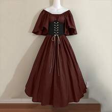 Vestido ajustado de estilo retro medieval con bloques de color, mangas con volantes y un dobladillo amplio, ideal para cosplay y actuaciones escénicas. - Caqui - Ver 11