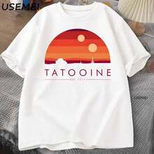 Oversize Camiseta con Estampado de Atardecer Desierto Manga Corta Cuello Redondo Moda Juvenil Estilo Retro Vintage Gráfico Verano Top - Blanco - Ver 1
