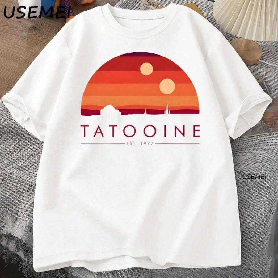 Oversize Camiseta con Estampado de Atardecer Desierto Manga Corta Cuello Redondo Moda Juvenil Estilo Retro Vintage Gráfico Verano Top - Blanco - Ver 1