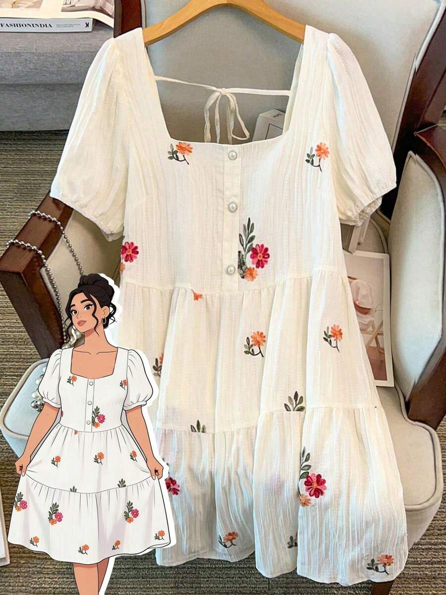 CURVE Women's Elegant Square Neck Floral Embroidery Dress, Exquisite Embroidered Dress Suitable For Daily Wear And Outdoor Activities - 杏色 - 查看 1