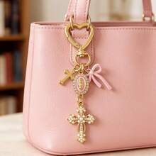 1pc Bow Cross Keychain, Decorated With Religious Love And Crystal Cross Pattern, Embedded With Virgin Mary Image, Embellished With Resin Beads And Rhinestones - Suitable For Keychains, Bag Charms, Cross Pendants, Wallets, Backpack Accessories, Earphone Case Accessories, Luggage And Car Keychains, Bag Charms, Chain Bag Pendants, Also An Excellent Choice For Mother's Day Gifts. - Multicolor - View 9