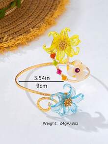 1pc Yellow Vibrant Heavy-Duty Handmade 3D Flower Arm Cuff With Contrast Beaded Design, Open Adjustable Bracelet - Multicolor - View 2