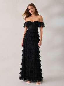VIPGIRL Black Off Shoulder Mesh Women's Evening Gown - Black - View 1