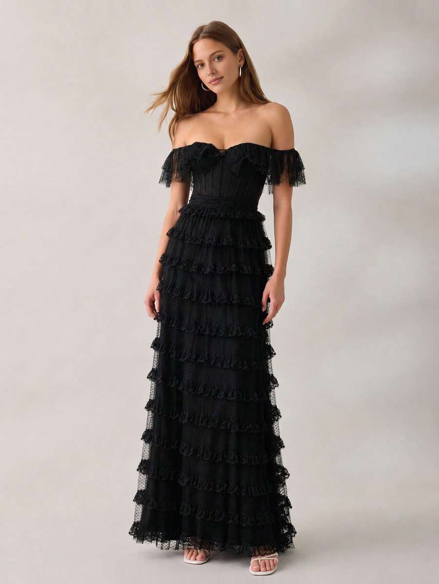VIPGIRL Black Off Shoulder Mesh Women's Evening Gown - Black - View 1