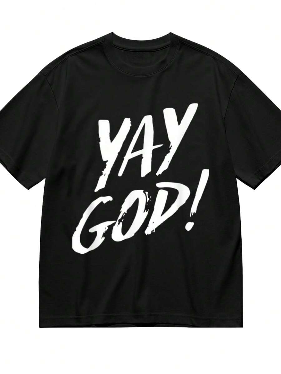 Funny Yay God Graphic Jesus Christian Religion T-Shirt For Women Men Cotton Short Sleeve Crew Neck Graphic Top Tee - 黑色 - 查看 1