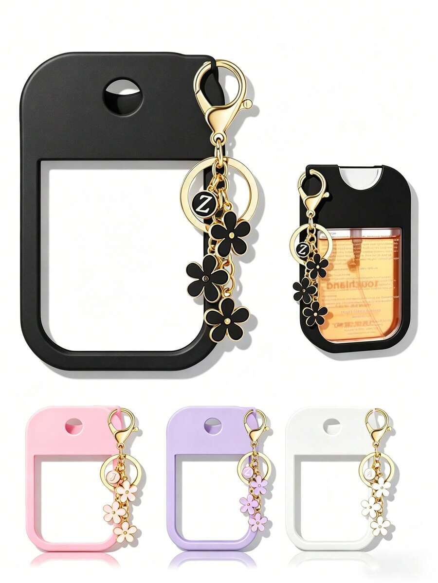 2pcs, To Uchland 1oz (30ml) Hand Sanitizer Spray Bottle Protective Cover, 26 Flower And Letter Spray Bottle Markers, Silicone Anti-Drop Anti-Collision Protective Cover, With Keychain Design, Convenient For Travel, Can Be Hung On Bags, Keys Or Children's Backpacks, Wear-Resistant Waterproof, Reusable, Suitable For To Uchland Hand Sanitizer Spray, Travel, Outdoor Activities, Gifts, Halloween Gifts, Christmas Gifts - Black - View 1