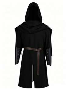 Men's Dark Medieval Hooded Long Robe Set, Vintage Gothic Style Detachable Hooded Cape + Slit Long Inner Robe, Paired With Brown Leather Belt And Lace-Up Leather Wrist Guards, Loose Fit With Slimming Effect And Great Drape, Breathable And Durable Fabric, Versatile For Dark Ranger, Hermit, Wizard, Night Walker And Other Role-Play, Inclusive Fit For Various Body Types, Perfect For Photo Atmosphere, Role-Play Costume Piece - Black - View 9