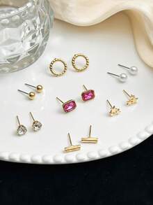7 Pairs Fashion Elegant Minimalist Round Rhinestone Faux Pearl Stud Earrings For Women, Suitable For Casual, Date, Party Wear, Jewelry Gift - Multicolor - View 2