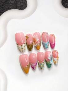 10pcs Island Vacation Style Handmade Press-On Nails, Polygel Nail Art Set, Coconut Tree & Petal Design, Magenta, Blue & Orange Nail Polish, Fresh Style, Includes Nail Tools, 3 Sizes Available, Almond, Duck, Coffin Shape, Suitable For Party, Dancing, Daily Wear - 彩色 - 查看 15