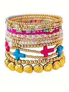 13pcs/Set Multi-Color Cross Colorful Dopamine Layered Beaded Bracelets, Sweet & Versatile, Suitable For Women's Daily/Vacation/Date Wear - Multicolor - View 3