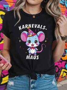 Camiseta Con Estampado GráFico De RatóN De Carnaval, Manga Corta, Cuello Redondo, Estilo Casual Para Verano Y Primavera,, Verano Y2K Blusa,Temporada De Graduaciones Playeras Ropa De Mujer - Negro - Ver 1