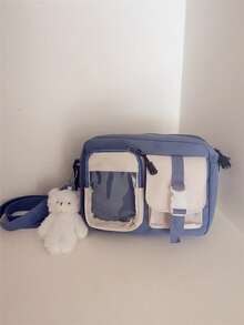 Bolso cuadrado con bloqueo de color y decoración de hebilla, bolso cruzado MININAI Kawaii, bolso bandolera lindo de estilo japonés estético para mujer, bolso de mensajero de estilo anim - Azul - Ver 2