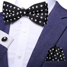 5Pcs Black White Polka Dot Men Accessory Set, Bow Tie Pocket Square Cufflinks Ring Boutonniere, Random Cufflink Patterns, For Groom Wedding - Black - View 4