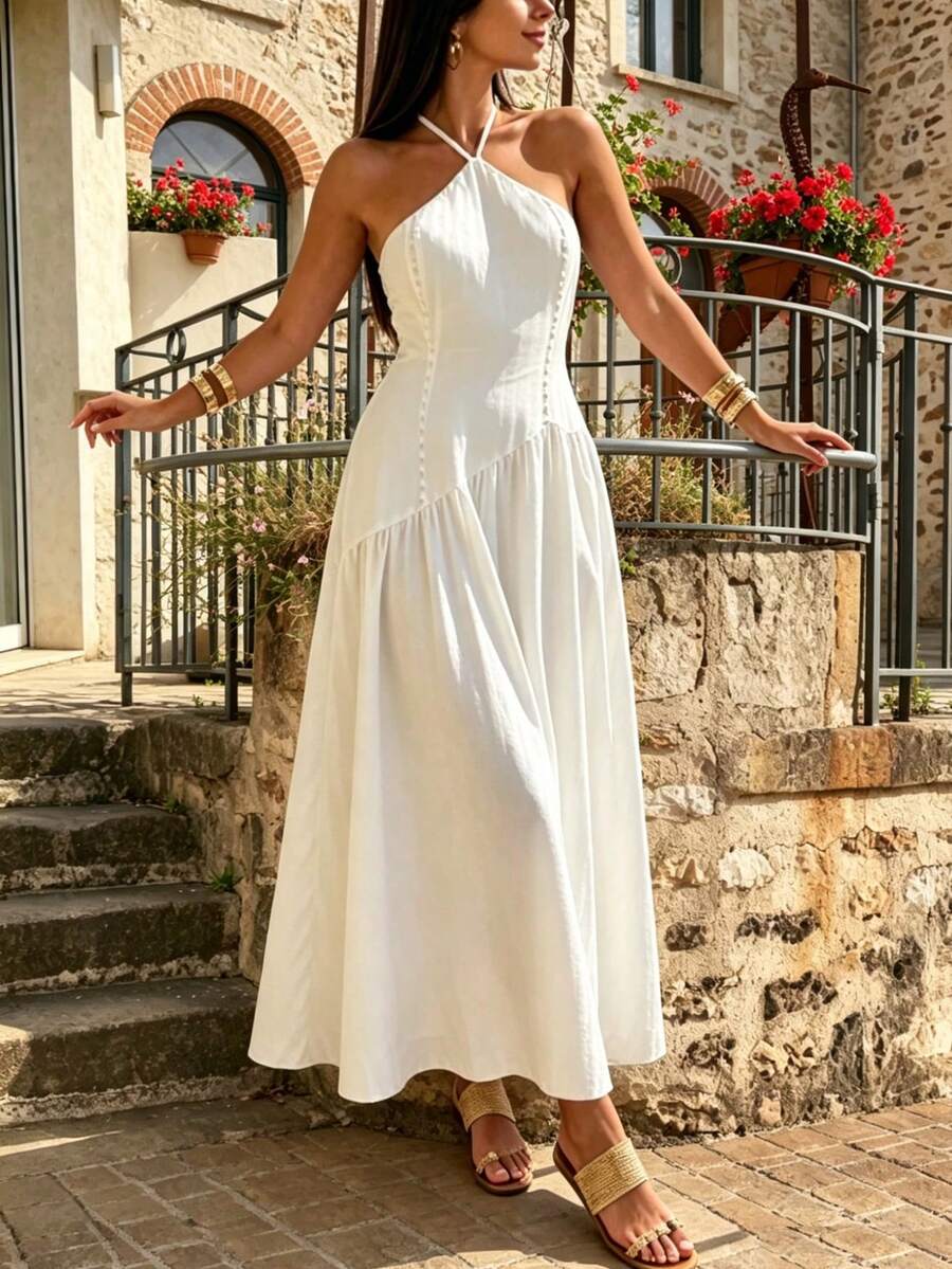Elegantes blaues und weißes gestreiftes ärmelloses Neckholder-Rückenfreies Kleid für Damen, gerafftes Taillendesign, Boho-Stil Casual Urlaubskleid, geeignet für Sommerdates und den täglichen Gebrauch - Weiss - Übersicht 1
