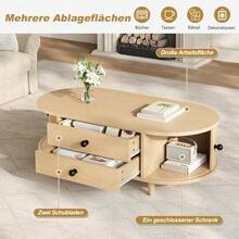 Table basse ronde avec portes enroulables, table basse à 2 tiroirs, table d'appoint, table de salon en MDF, console avec pieds en bois massif, 100 * 50 * 36 cm, charge maximale 50 kg - Bois naturel - Voir 7
