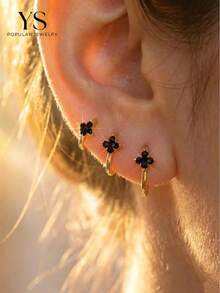 3pcs Black Flower Micro-Pave Cubic Zirconia Copper Ear Cuffs, Earring Set Minimalist Elegant Layered Creative Matching Jewelry - Black Three-piece Set - View 3