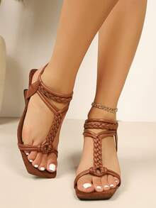 Women's Summer Sandals, Elegant Shoes, High Heel Minimalist Sandals, Woven Slip-On Convenient Design For Summer - Brown - View 4