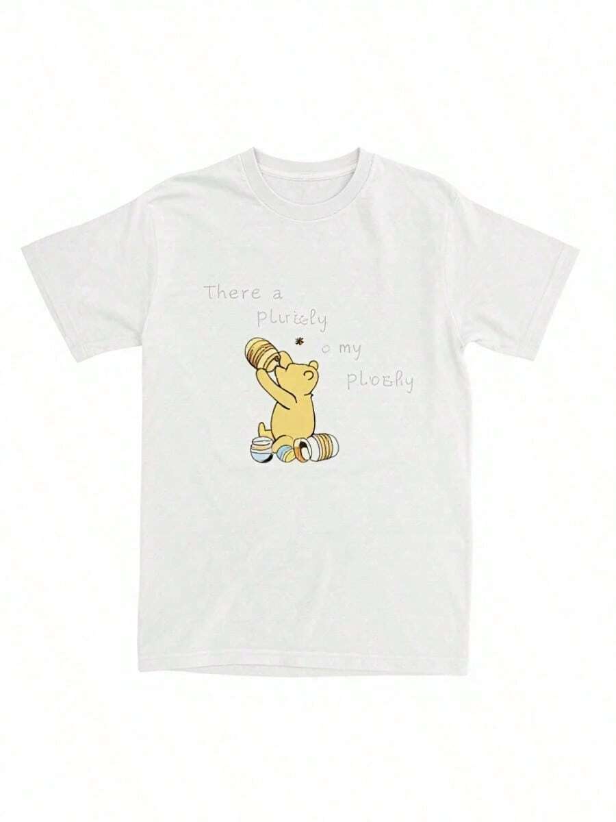 Cute Bear Print T-Shirt, Short Sleeve, Casual Streetwear, Japanese Style, Kawaii Urban Novelty Top For Girls - 白色 - 查看 1