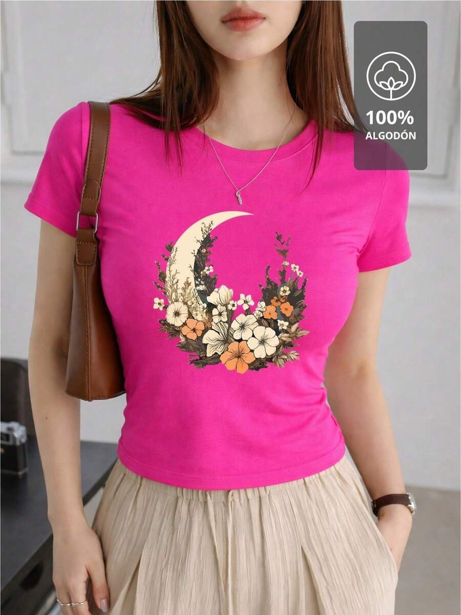 SHENDY VENDY Women's T-Shirt, 100% Cotton, Short Sleeves, Round Neck, Soft And Comfortable. Botanical Design With A Floral Crescent Moon, Natural And Elegant Style. - 深粉紅色 - 查看 1