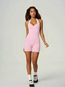 UONNOU Halter Neck Open Back Romper For Women, Contrast Trim Tummy Control Slim Sports Bodysuit - Pink - View 9