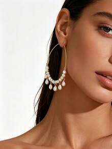1 par de pendientes de mujer con cuentas de perlas falsas y borlas con colgante de perla falsa en forma de lágrima asimétrica, accesorio de lujo de estilo de resort de playa - Amarillo dorado + blanco - Ver 3