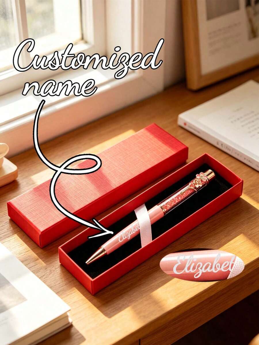 Customized Name Diamond Floral Pen, Floral Decorated Luxury Ballpoint Pen With Gift Box, Personalized Signature Writing Pen, Exquisite Customized Gift, Suitable For Bridal Shower, Christmas Anniversary, Office, School And Other Occasions - Multicolor - View 1