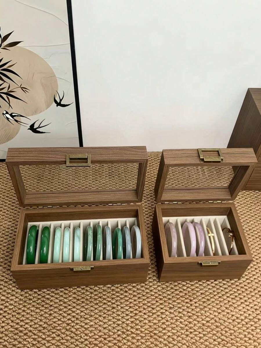 1件式木製手鐲收納盒附蓋,防塵翡翠手鐲展示盒,可拆卸隔板適配粗細手鐲,高透明清晰視窗,防塵防氧化,多格設計防止碰撞,雙尺寸,適用翡翠、瑪瑙、翡翠手鐲、細手鐲,梳妝台珠寶收納整理盒 - 彩色 - 查看 1