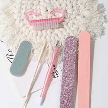 New Glitter High-Quality Nail Tool Set, Each Includes Glitter Nail File, Pink Nail File, Blue-White Polishing Block, Cuticle Pusher, Double-Ended Cuticle Scraper, Cleaning Brush, Full Set Nail Care, Mini Cute Convenient For Travel, Easy For Beginners, Suitable For Nail Art Enthusiasts, Daily Use - Watermelon Pink - View 3