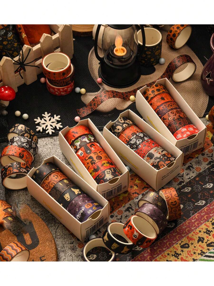 24/6pcs Halloween Washi Tape Set, Pumpkin Ghost Bat Tombstone Pattern Decorative Masking Tape, Vintage Halloween Themed Craft Tape For Journal Scrapbook Gift Wrapping Halloween Party Decor Supplies, Halloween Decoration, Halloween DIY Handicrafts, Halloween Party Supplies - Multiple Styles - View 1