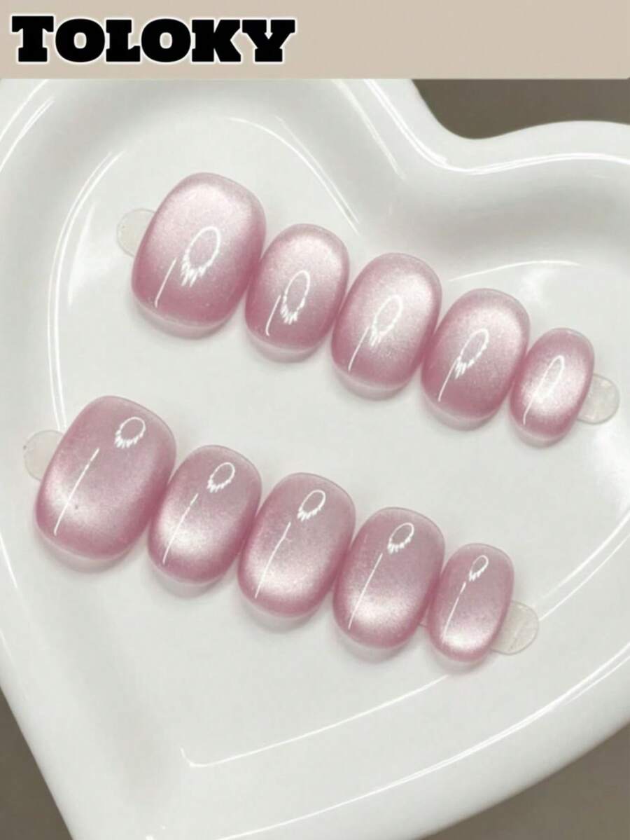 Toloky 短圓形裸粉色牛奶貓眼穿戴甲,極簡假指甲,簡約溫柔霧面珍珠光 Coquette 手工可重複使用假指甲片,適合辦公室日常休閒美甲、返校季 Y2K 風格夏季指甲、日常旅行度假 - 彩色 - 查看 1