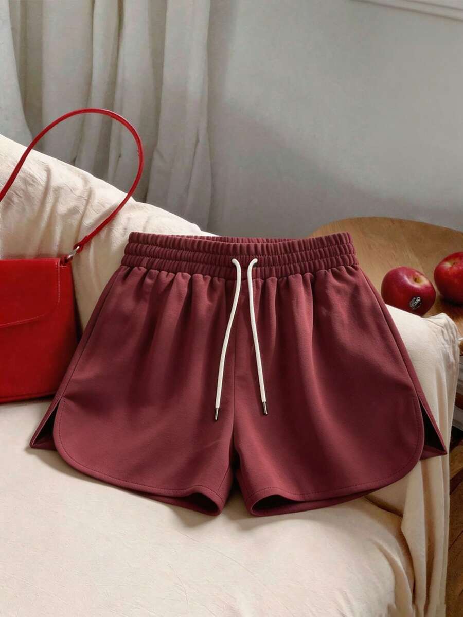 These Ribbed Pure Cotton Floral Print Women's Athletic Shorts Are Fashionable, Casual, And Versatile. Made Of Soft Fabric, They Are Perfect For Summer - Maroon - View 1