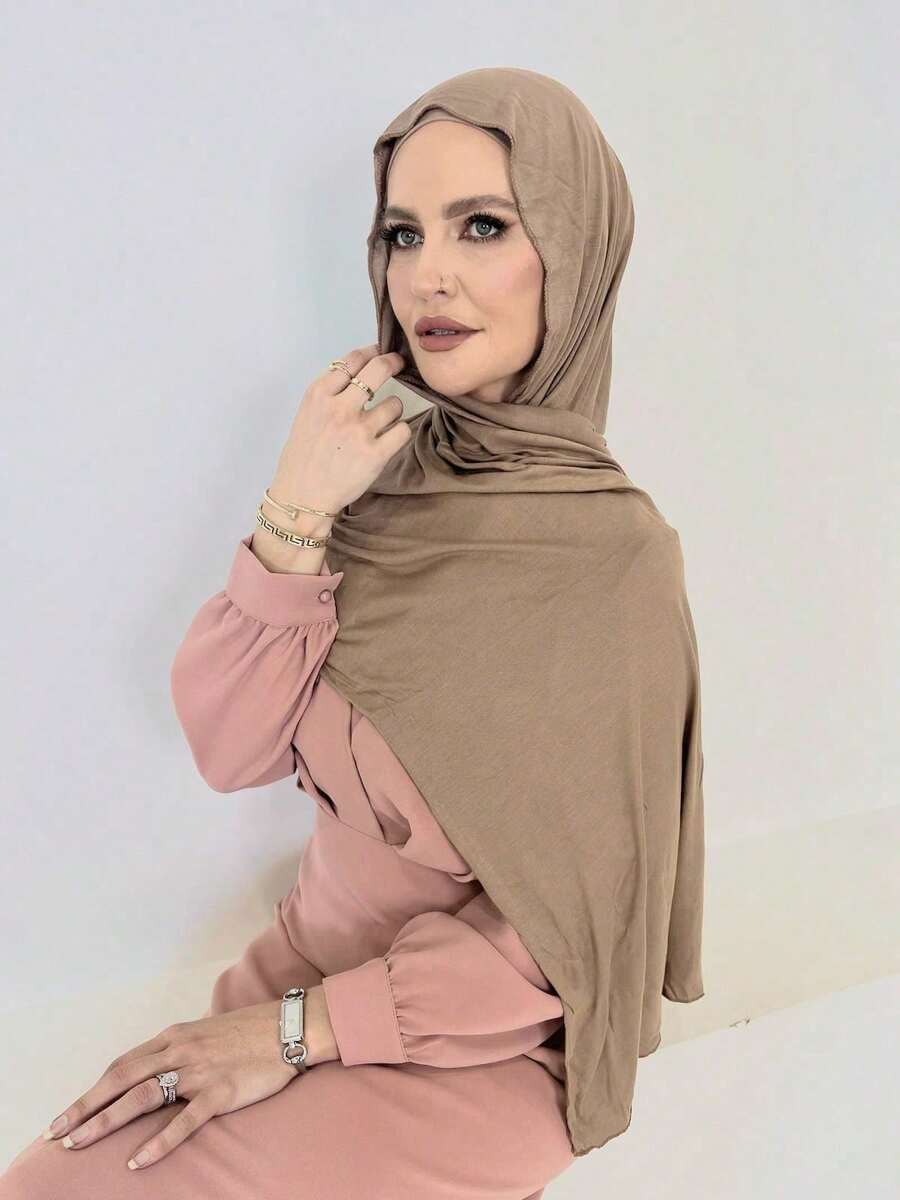 1 Piece Of Solid Color Soft Jersey Hijab, Pure Long Scarf For Women. - 卡其色 - 查看 1