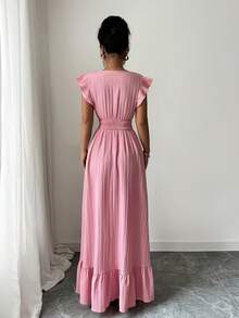 Vestido Informal Formal Rosa Pastel Sin Mangas Completas, Diseño Envolvente en Bust, Falda Amplia con Borde de Volantes para Paseos y Cenas Románticas - Rosa - Ver 3
