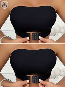 2-Piece Women's Multi-Color Ribbed Front Closure Bras, Padded Wireless Front Clasp Bras, Strapless Bras - Black - View 1