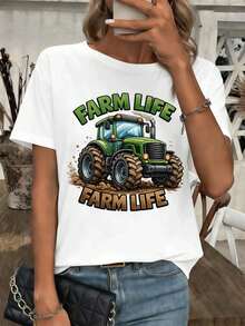 SoftCamiseta con estampado de tractor y estilo de vida rural.Tejido premium, cuello redondo, corte holgado, cómoda, estampado artístico.Basic Crew Neck Cotton T-shirt for Women - Blanco - Ver 1