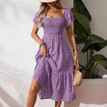 New Cross-Border Success In Europe And America: Long Floral Dress With Square Neck And Puff Sleeves. - Green - View 3